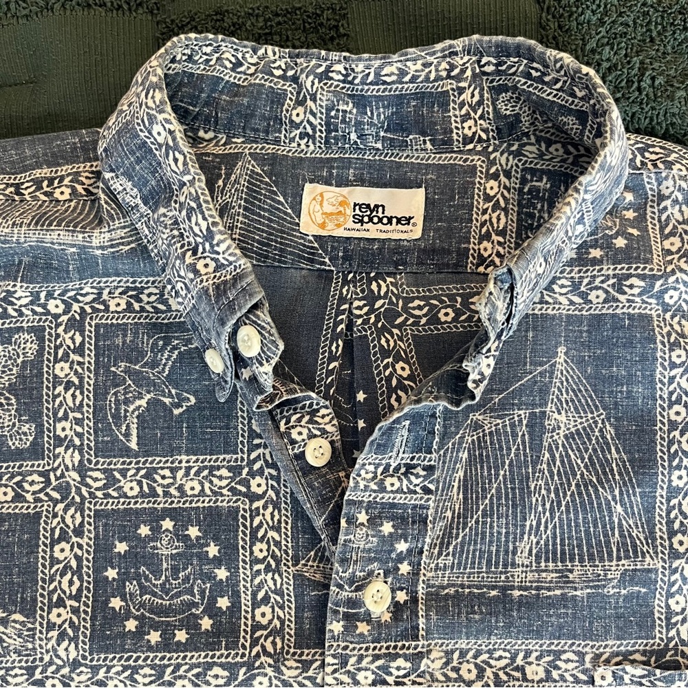 Reyn Spooner Shirt Men Large Blue Popover Lahaina Sailor Hawaii Resort Aloha USA